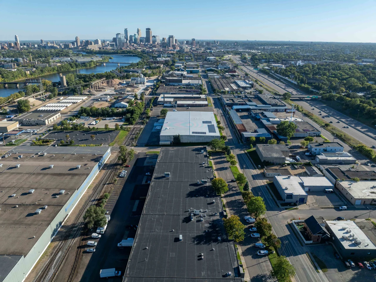 The Minneapolis skyline across the river, viewed from above.
